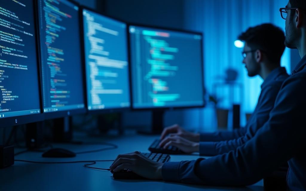 Developers reviewing code stack on multiple monitors